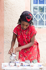 Image showing Ethiopian traditional Coffee ceremony, crafting street bunna coffee, Tigray Region Etiopia