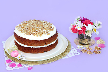 Image showing Iced Carrot and Walnut Cake with Summer Flowers
