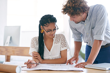 Image showing Creative, advice and blueprint with man, woman and teamwork for project planning in office. Business people, paperwork and happy designer with floor plan for collaboration at architecture agency.