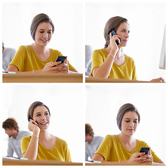 Image showing Happy woman, collage and phone for communication, networking or social media at office. Young female person or sequence of creative employee talking and typing on mobile smartphone for online startup