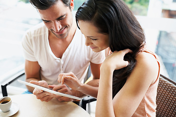 Image showing Happy couple, online or tablet in restaurant to relax or bonding together on espresso date on social media. Man, woman or touchscreen for choice on digital shopping, cafe or love or surfing in above