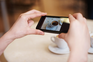 Image showing Cellphone, hands and photography of coffee in restaurant and online to review a cappuccino. Person, mobile app and post of espresso for social media followers and influencer with drink in close up