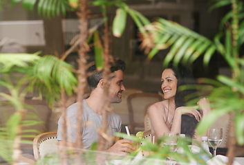 Image showing Happy couple, restaurant and date with romance for meal, dinner or enjoying anniversary at hotel. Man and woman with smile for dining, eating or romantic hospitality at lodge or indoor accommodation