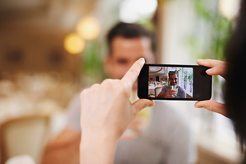 Image showing Restaurant, picture and couple with smartphone, screen and connection with mobile user and photograph. Date, man and woman with cellphone or digital app for memory and romance with Valentines day