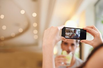 Image showing Restaurant, picture and couple with cellphone, screen and connection with mobile user and photograph. Date, man and woman with smartphone and digital app for memory and romantic with Valentines day