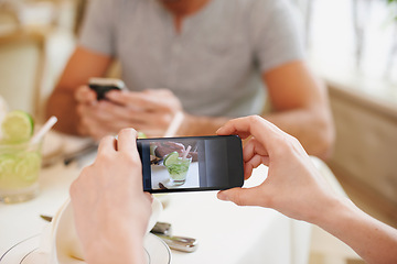 Image showing Cafe, picture and couple with cellphone, screen and connection with Valentines day and photograph. Date, man and woman with smartphone and digital app for memory and romance with restaurant or luxury