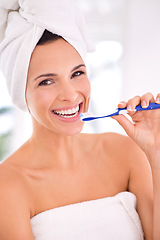 Image showing Portrait, woman and toothbrush with smile for dental health, whitening and healthy teeth at home. Happy, female person and mouth for oral, hygiene and fresh breath with brushing and cleaning