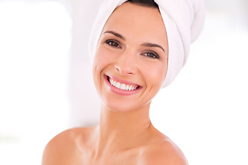 Image showing Happy woman, portrait and beauty with spa, facial treatment or skincare for hygiene at home. Face of female person or model with smile in satisfaction for cosmetology or dermatology on mockup space