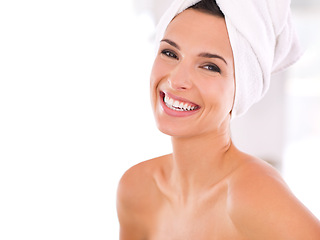 Image showing Happy woman, portrait and spa in skincare, beauty or facial treatment for hygiene at home. Face of female person or model with smile in satisfaction for cosmetology or dermatology on mockup space