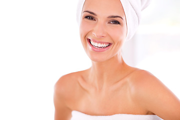 Image showing Happy woman, portrait and teeth in dental care, skincare or beauty spa for facial treatment or hygiene at home. Face of female person or model smile in satisfaction for dermatology on mockup space