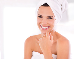 Image showing Happy woman, portrait and skincare with beauty for spa, facial treatment or hygiene at home. Face of female person or model with smile in satisfaction for dermatology or cosmetology on mockup space