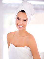 Image showing Smile, towel and portrait of woman with hygiene for skincare, health and shower in bathroom. Beauty, treatment and female person with happiness for dermatology, cosmetics and morning routine