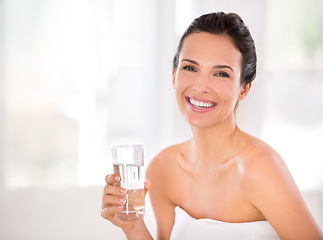 Image showing House, happy woman or skincare portrait for drinking water in morning routine for hydration in living room. Beauty, healthy female person or smile with cosmetic for natural glow, detox and confidence