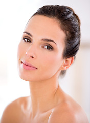 Image showing Portrait, beauty and woman with natural skincare at home, dermatology for skin glow and wellness in headshot. Cosmetics, self care and facial treatment for morning routine with hygiene and grooming
