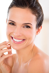 Image showing Skin, natural beauty and woman in portrait at home, touching face with dermatology for glow and skincare. Cosmetics, self care and facial treatment for morning routine with hygiene and grooming
