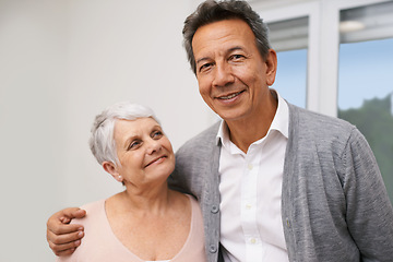 Image showing Portrait, senior or happy couple hug in lounge at home for bonding together with support, pride or smile. Retirement, people or romantic man by an elderly woman for peace, love or care in marriage