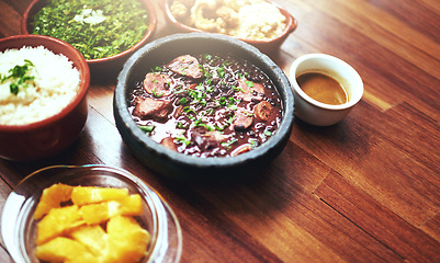 Image showing Black beans, food and chilli lunch with closeup of Mediterranean cooking, vegan and nutrition for diet. Health, vegetables and dish at a restaurant with organic, salad and table with Mexican dinner