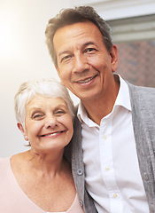 Image showing Love, senior or portrait of happy couple in home or house for bonding together with support or smile. Retirement, old people or romantic man with an elderly woman for hug, peace or care in marriage