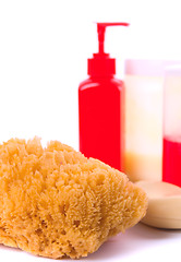 Image showing natural sponge, soap and body lotion