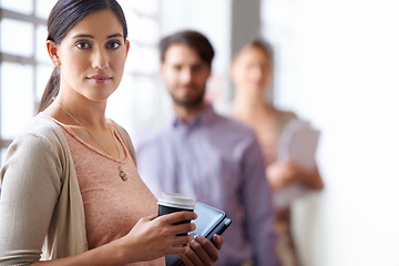 Image showing Coffee, building and portrait of businesswoman by office with colleagues, collaboration and teamwork. Professional people, work and face of woman with confidence for career, job and startup company