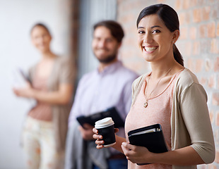 Image showing Businesswoman, coffee and portrait with smile by office building with colleagues, teamwork and collaboration. Professional people, work and face of woman with happiness for startup, job and career