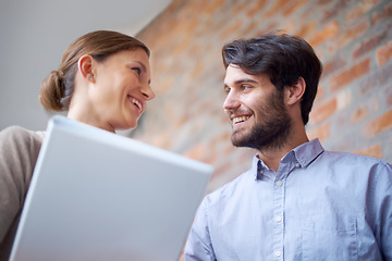 Image showing Coworkers, discussion and startup with office, file and smile with teamwork and happiness. Employees, collaboration and work for career, entrepreneurship and talking with businessman and agency