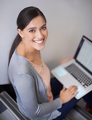 Image showing Research, portrait or happy woman on steps with laptop for online course or learning in university. Education, smile or proud female college student with technology for news, project or web design