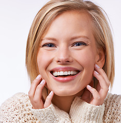 Image showing Woman, smile and skincare in studio with beauty, natural and exfoliated for toner and confident. Female person, style and portrait of face, white background and moisturiser for beauty and happiness