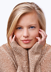 Image showing Makeup, skincare and portrait of woman for wellness, healthy skin and glow self care. Beauty, face and confident female model with cosmetics, facial and shine in studio against white background.