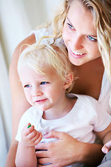 Image showing Happy, mom and baby bonding in home with smile, support and quality time with family wellness. Relax, mother and face of toddler son with love, growth and child development in apartment together.