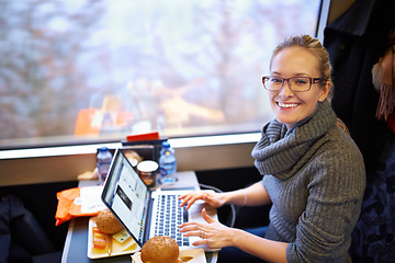 Image showing Woman, train and portrait with laptop for travel journey on commute as destination blogger, communication or transportation. Female person, face and meal in coach in Canada, research or passenger