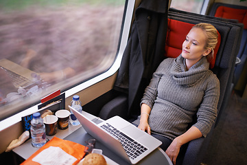 Image showing Woman, train and window thinking with laptop on travel journey in Canada or future destination, thoughts or network. Female person, wandering and railroad transportation or relax, internet or commute