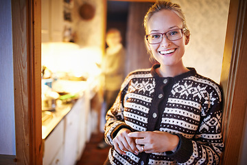 Image showing Woman, portrait and winter cardigan in home for cozy vacation in Canada for relaxing holiday, resting or comfortable. Female person, face and smile in sweater or living room apartment, night or peace