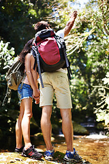 Image showing Couple, backpack and pointing with direction by lake, river or water for hiking, adventure or journey in nature. Rear view of young man and woman holding hands with bag for trekking by pond in forest