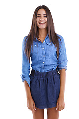 Image showing Gen z, woman and smile in fashion portrait with denim, style and body on white background. Relax, confidence and model person in studio isolated with trendy clothes and laughing as female student