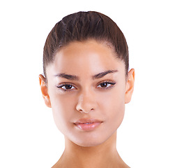 Image showing Portrait, woman and eyebrow for microblading, cosmetology and beauty in studio on white background. Eyelash, confident and female person with glow, flawless skin and natural makeup on mockup