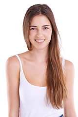 Image showing Portrait, beauty and hair with casual woman in studio isolated on white background for salon treatment. Aesthetic, cosmetics and keratin or shampoo for haircare with happy young person at spa