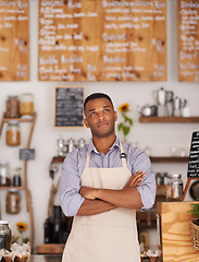 Image showing Cafe, black man and barista thinking of small business as entrepreneur, professional and shop owner. Male person, standing and thoughtful of idea for startup of store in food industry of Cape Town