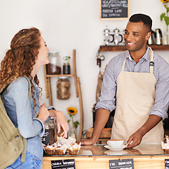 Image showing Coffee, smile and barista serving customer in bakery, cafe or deli for small business retail or food industry. Small business startup or bistro and man server in restaurant with woman consumer