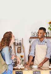 Image showing Coffee, smile and waiter serving customer in bakery, cafe or deli for small business retail or food industry. Small business startup or deli and man barista server in restaurant with woman consumer