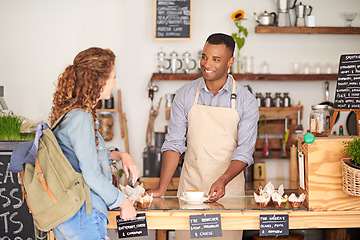 Image showing Barista, cafe and customer service with order, drink and talking with smile for support or hospitality at counter. Small business owner or waiter with latte, student and sale at coffee shop or bakery