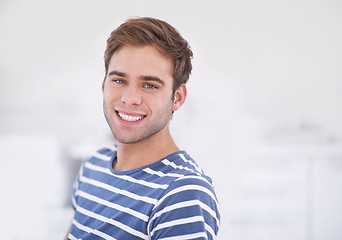 Image showing Portrait, confidence and man with smile for dental service, health insurance and mockup in clinic. Teeth whitening, mouth and happy patient at dentist office with tooth care, space and wellness.