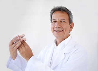 Image showing Man, dentist and portrait with denture mold for teeth healthcare for treatment with oral care, consulting or white background. Male person, veneers and mockup in studio or clinic, whitening or clean