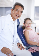 Image showing Man, dentist and child patient with portrait for teeth clean for healthy mouth consulting or hygiene, oral care or examination. Male person, kid and face for whitening tooth, wellness or appointment