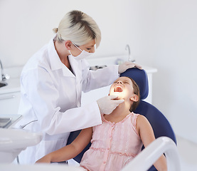 Image showing Girl, child and dentist with consultation for healthcare, gum disease and dental hygiene with mouth inspection. Medical, orthodontics and professional for teeth health, cleaning or open with wellness