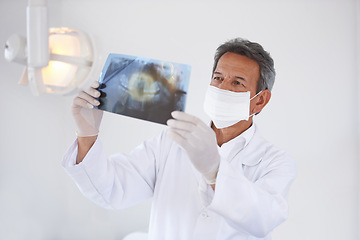 Image showing Senior dentist, man and xray of teeth for dental surgery, healthcare and oral health with face mask in clinic. Medical professional with analysis of scan, radiology and orthodontics with mouth care