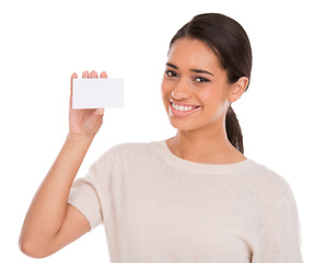 Image showing Business card, mockup and portrait of happy woman in studio with information on white background. Paper, face and female model with space for contact us, details or poster for startup advertising