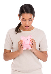 Image showing Wow, surprise or woman with piggy bank in studio for budget, savings or investment growth on white background. Money, box or model with financial container, payment or unexpected cashback profit