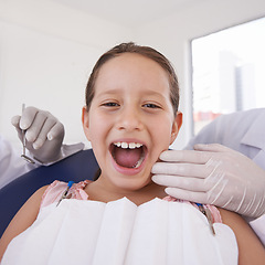 Image showing Child, mouth and portrait for dentist consultation for teeth examination for healthy oral care, whitening or cleaning. Female person, girl and face with hands for hygiene checkup, wellness or gums
