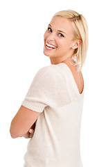 Image showing Fashion, happy woman and portrait with arms crossed in studio for confidence or positive attitude on white background. Face, smile and female model with pride pose for style, clothes or outfit choice